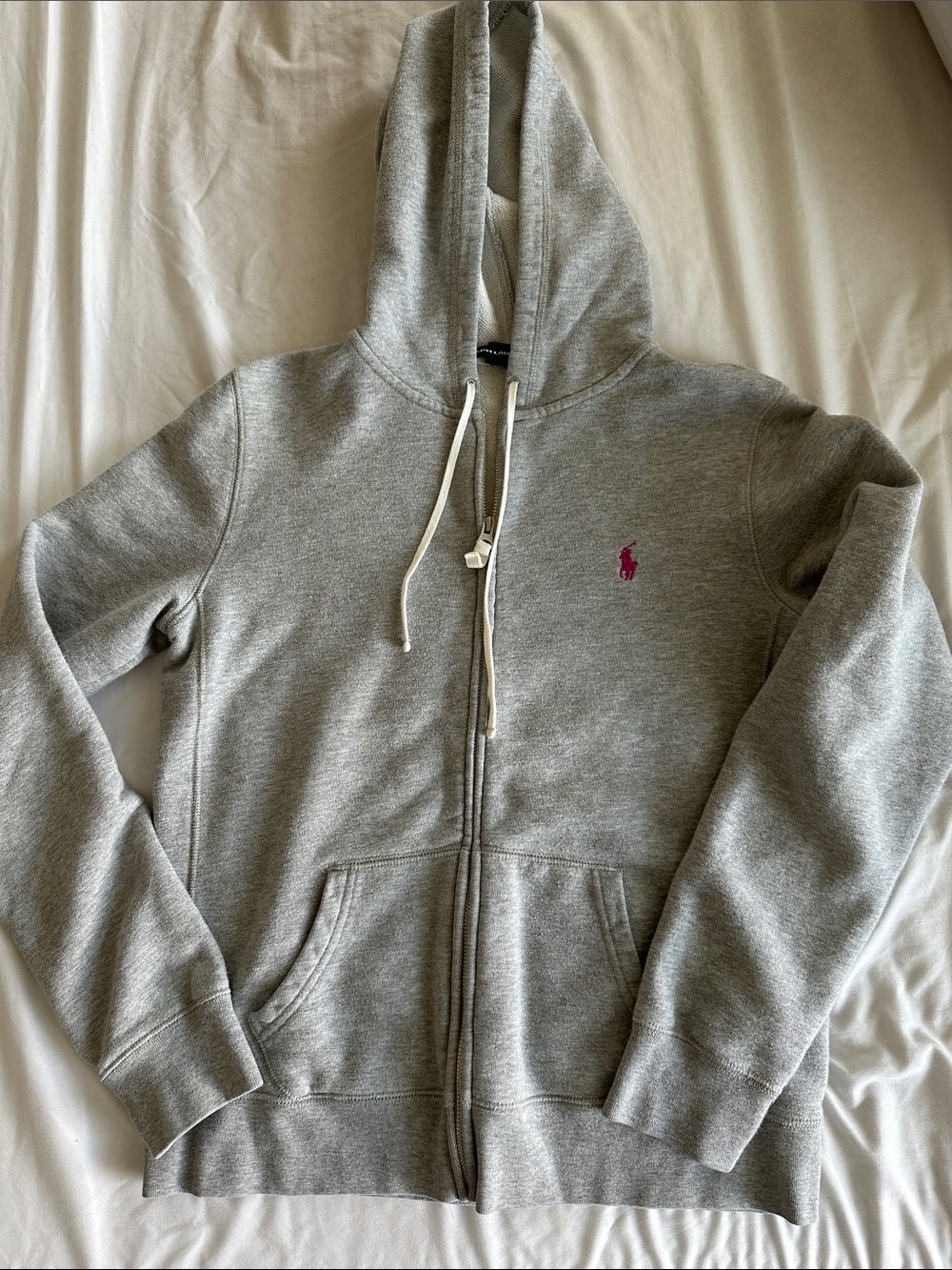 Vintage Polo Ralph Lauren Light Gray Zip Hoodie with Pink Pony Logo
